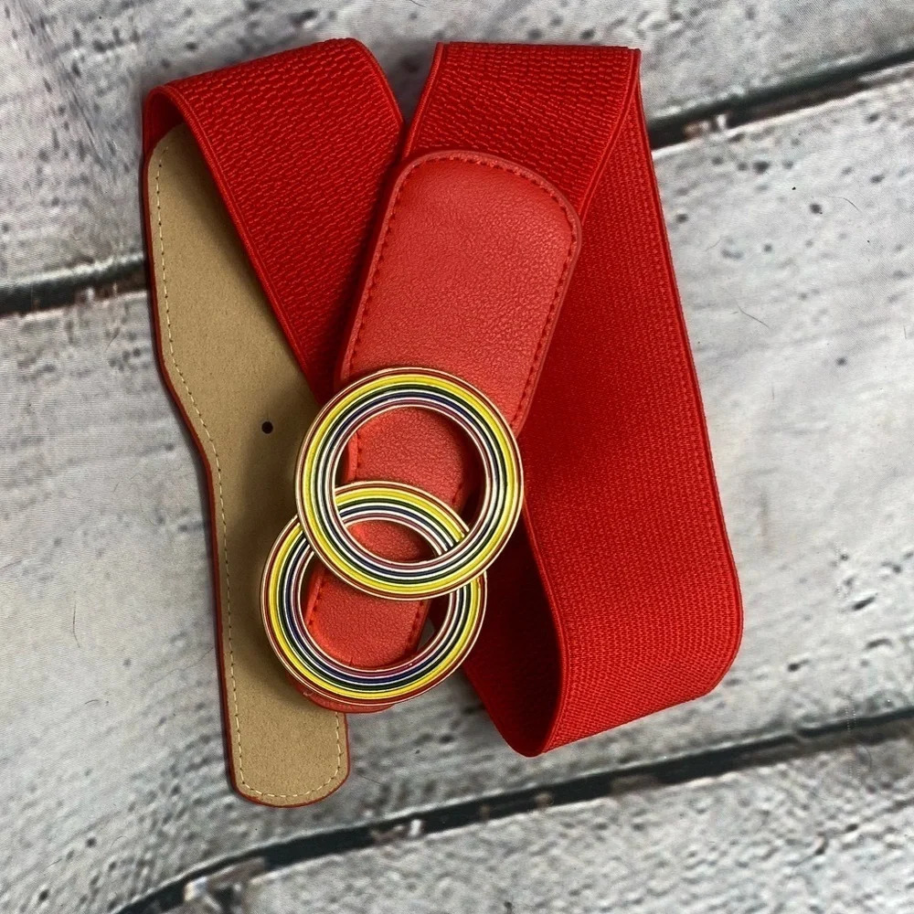 5/$20 Women’s Fine Beltox Elastic Waist‎ Belt Double Rainbow Red 29 inches - Picture 3 of 7